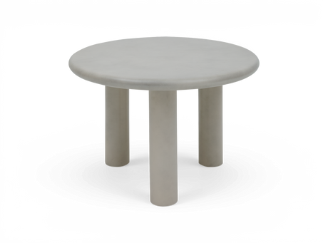 Lille rundt lysegråt sidebord med tre cylindriske ben, frilagt produktbillede.