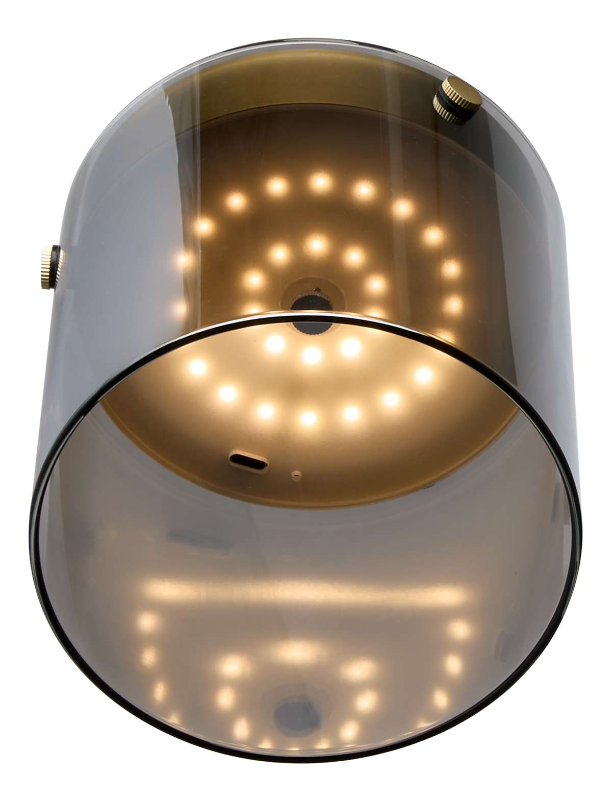 Cylindrisk loftlampe med røgfarvet glas og varm LED-belysning.