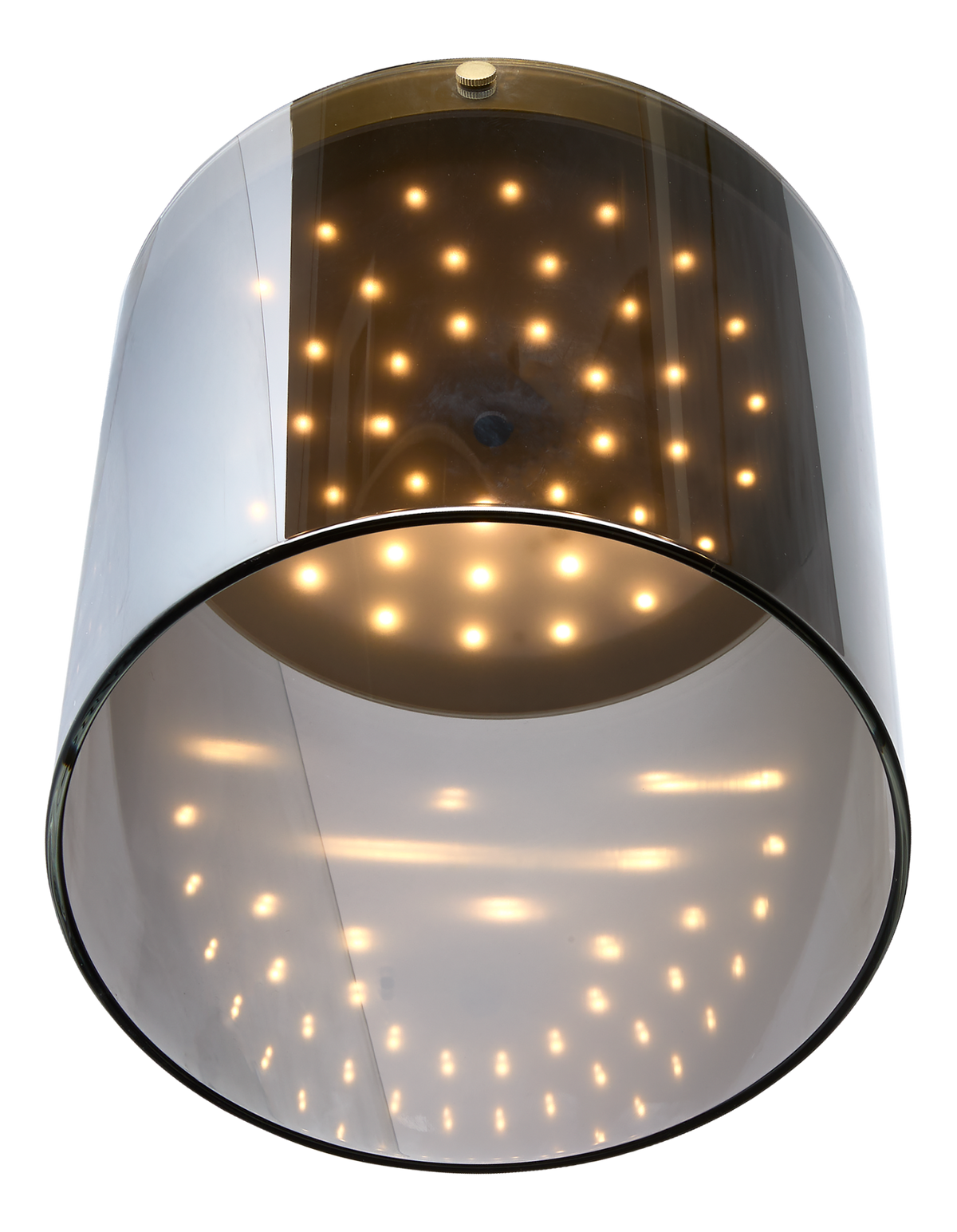 Cylindrisk loftlampe i røgfarvet glas med varme LED‑lyspunkter.