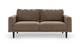 Brun 2-personers sofa med sorte ben, frontalt set mod hvid baggrund.