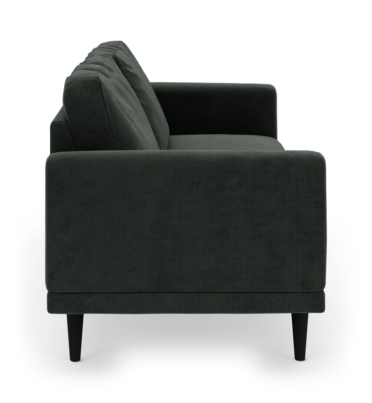 Mørkegrøn stofsofa set fra siden med slanke sorte ben.