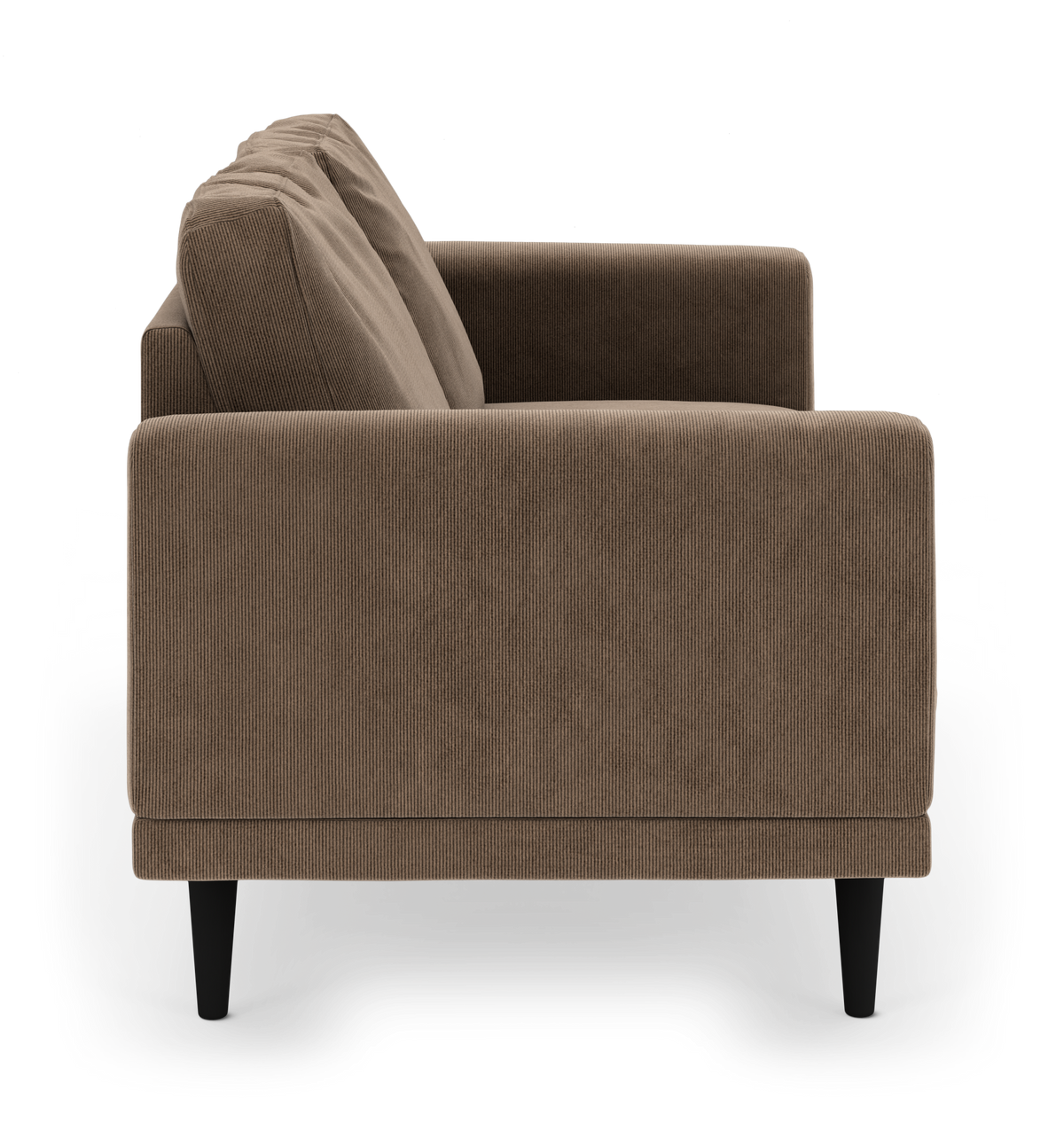 Sofa i brun fløjl med lige armlæn og sorte koniske ben, set fra siden.