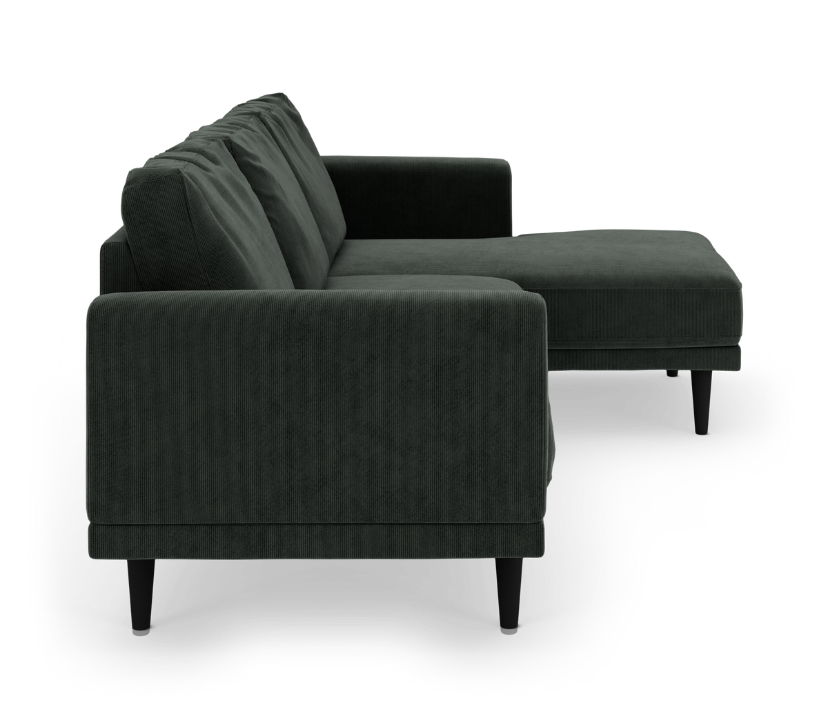 Mørkegrøn modulsofa med chaiselong, set fra siden, isoleret på hvid baggrund.