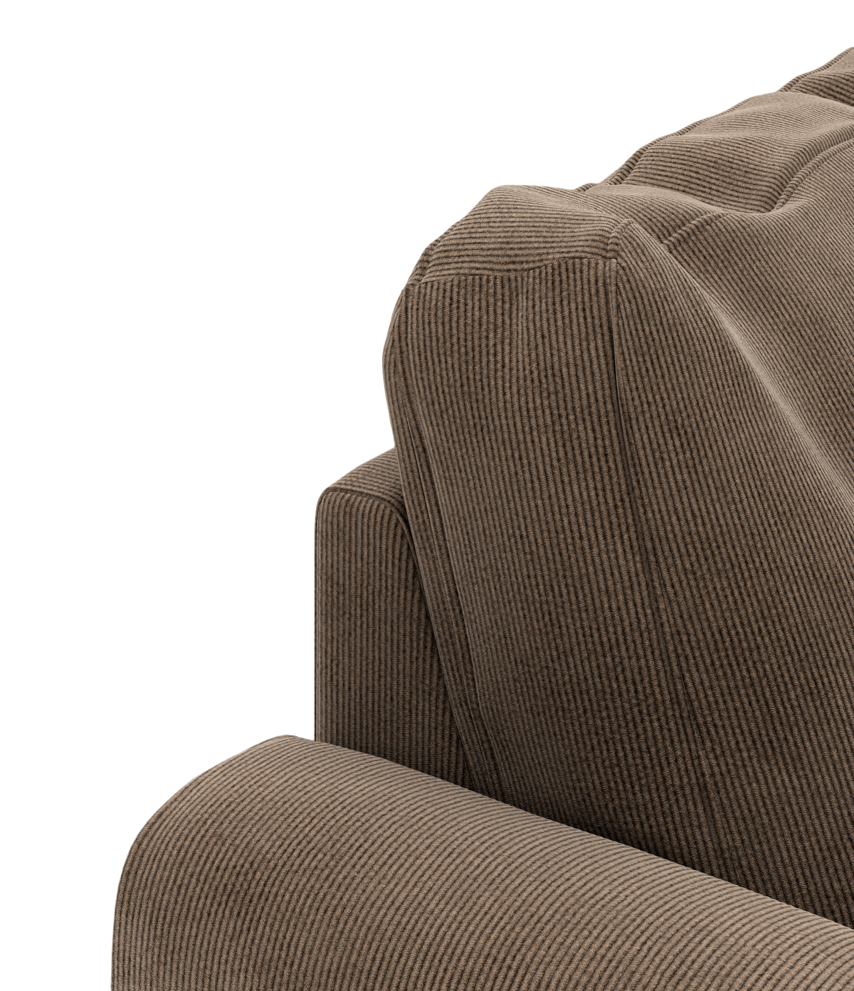 Nærbillede af brunriflet corduroy-sofa med armlæn og rygpude på neutral studiebaggrund.