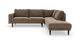 Brun L‑formet hjørnesofa med chaiselong til højre, slanke sorte ben og løse rygpuder.