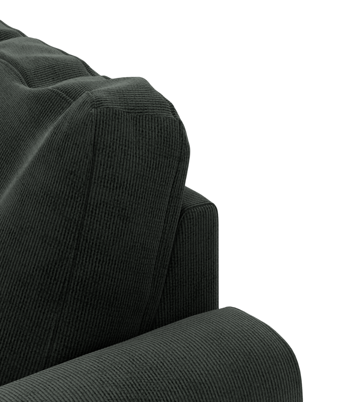 Nærbillede af en mørkegrøn corduroy-sofa med armlæn og ryghynde, frilagt på transparent baggrund.
