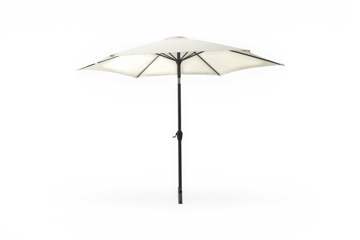 Hvid fritstående parasol med sort stang og drejehåndtag, frilagt på sort baggrund.