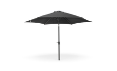 Sort rundt parasol med midterstang og håndsving, frilagt på hvid baggrund.