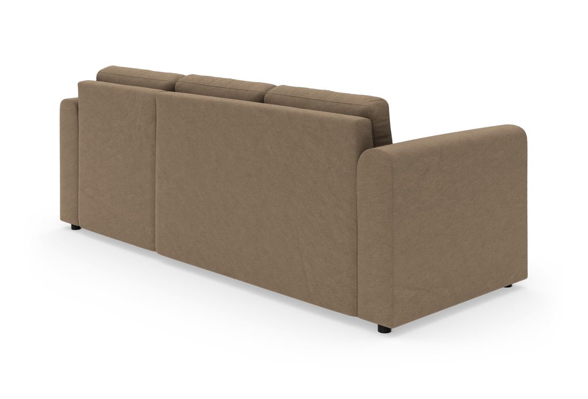 Beige 3-personers sofa set bagfra i studie med bløde, afrundede armlæn.