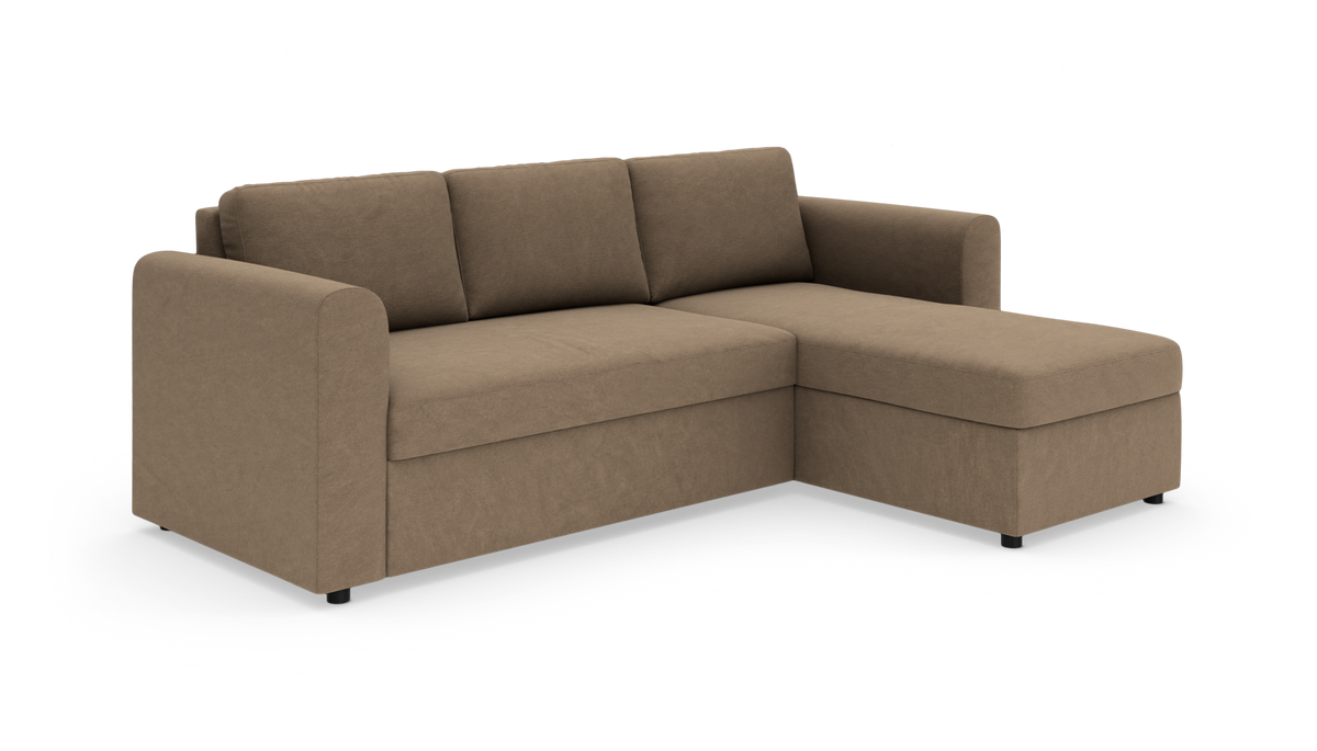 Brun hjørnesofa med højre chaiselong på hvid baggrund.