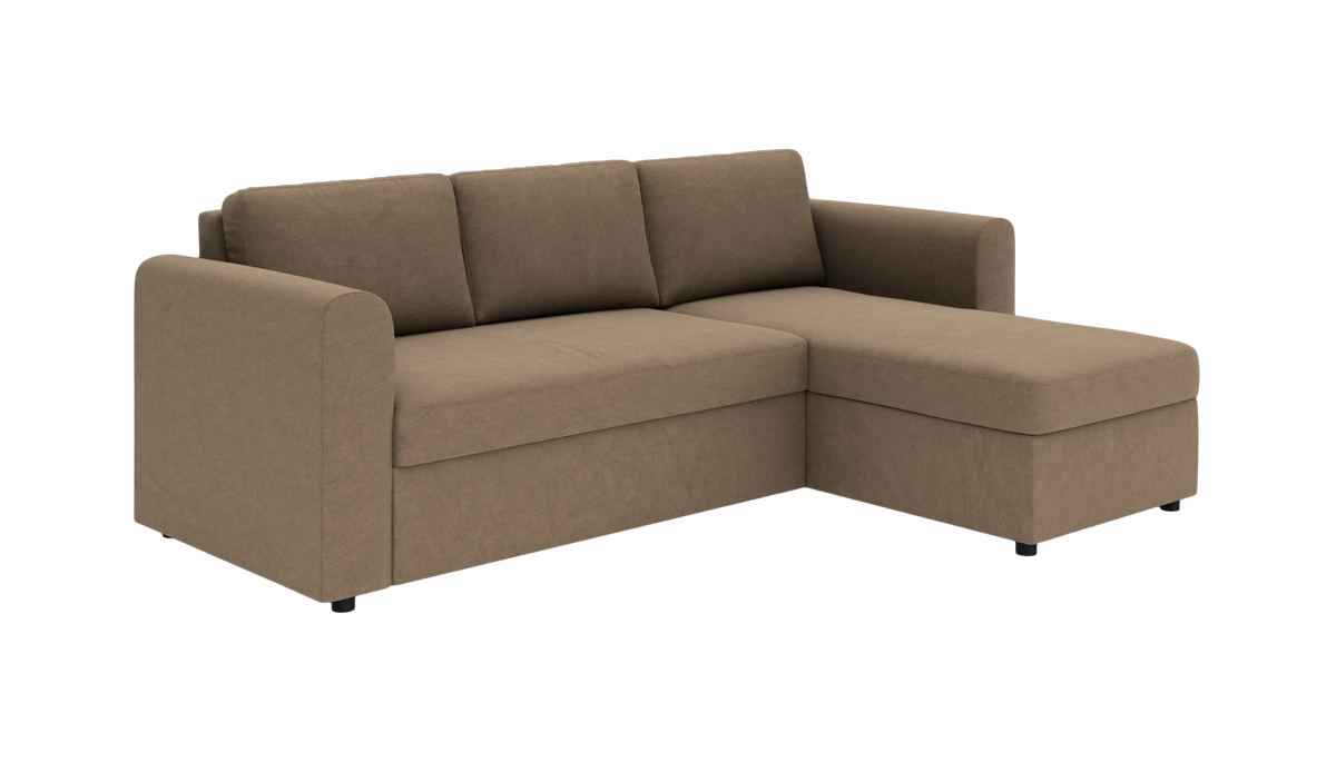 Brun hjørnesofa med højrevendt chaiselong på hvid baggrund.