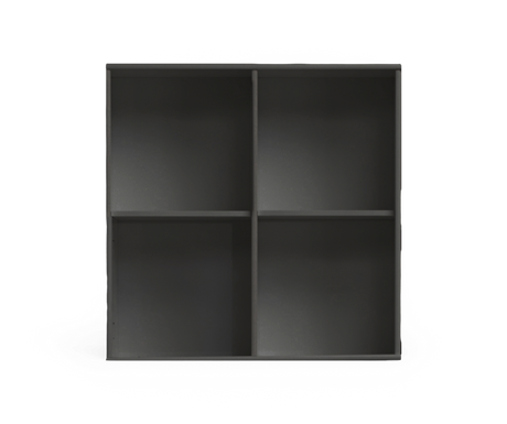 Sort væghylde/opbevaringsreol med 4 rum set forfra i enkel kubedesign.