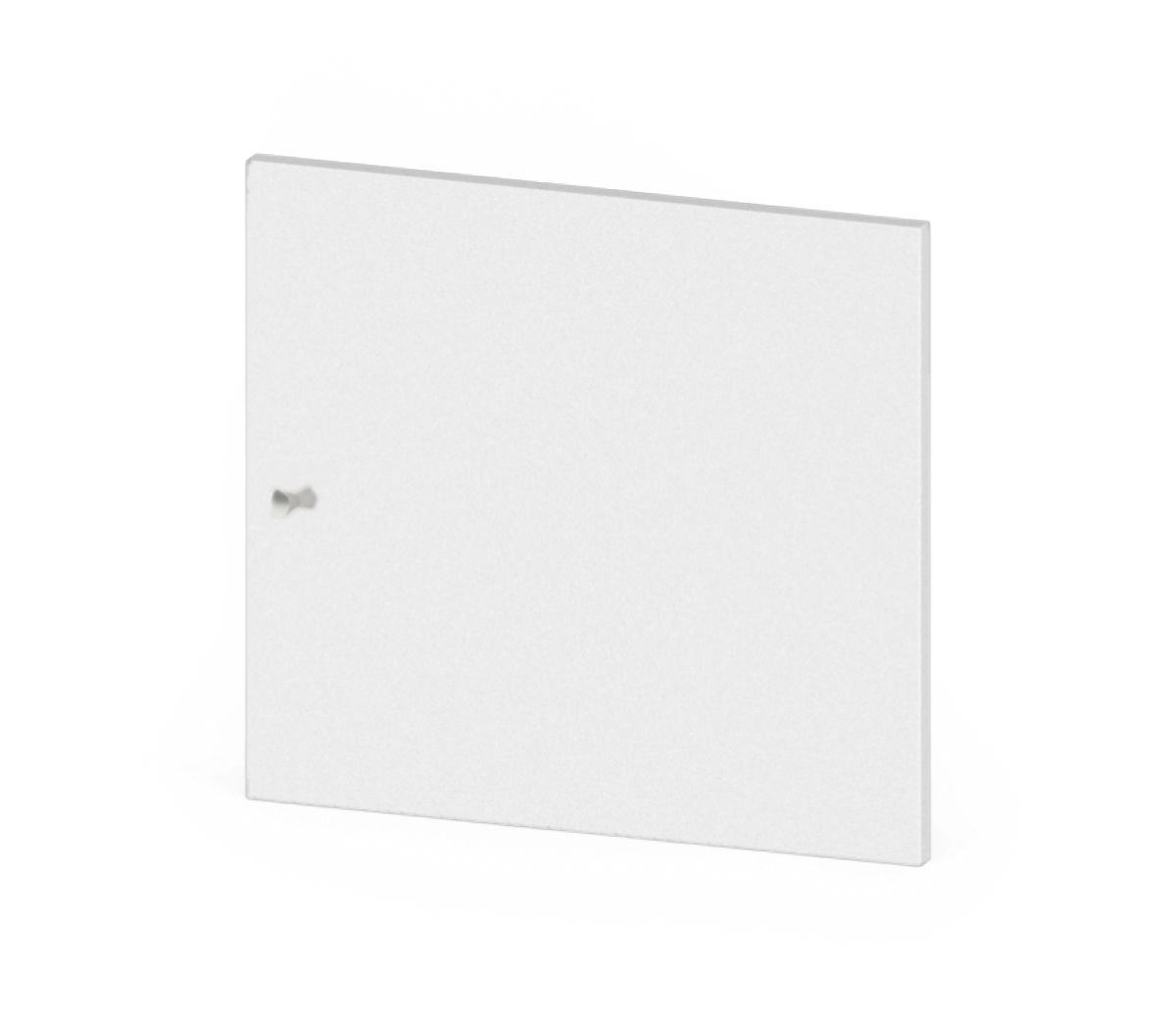 Hvid, glat skabslåge/panel med lille metalknop, vist i let vinkel på hvid baggrund.