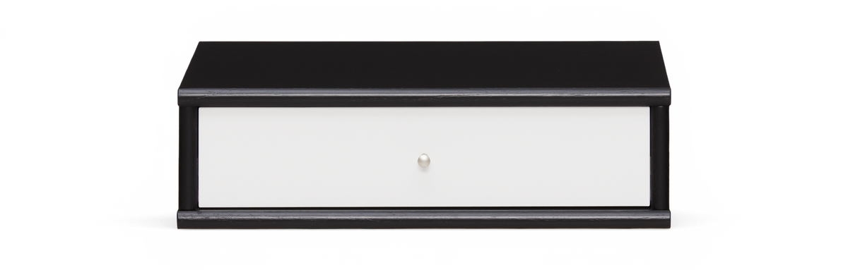 Sort skuffemodul med hvid front og rund knop, frilagt i frontvisning.