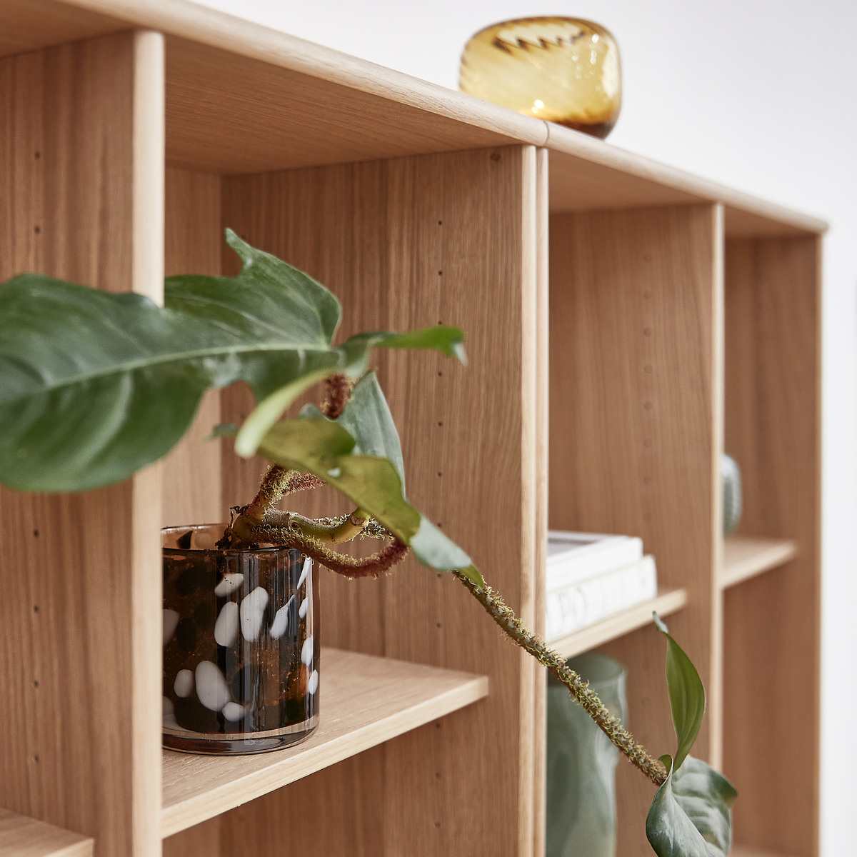 Nærbillede af reol i lyst træ med grøn plante i plettet glasvase, bøger og ravfarvet glaspynt ovenpå.