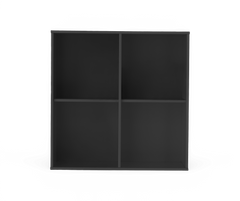 Sort 2x2 reol med åbne rum, frilagt på hvid baggrund.