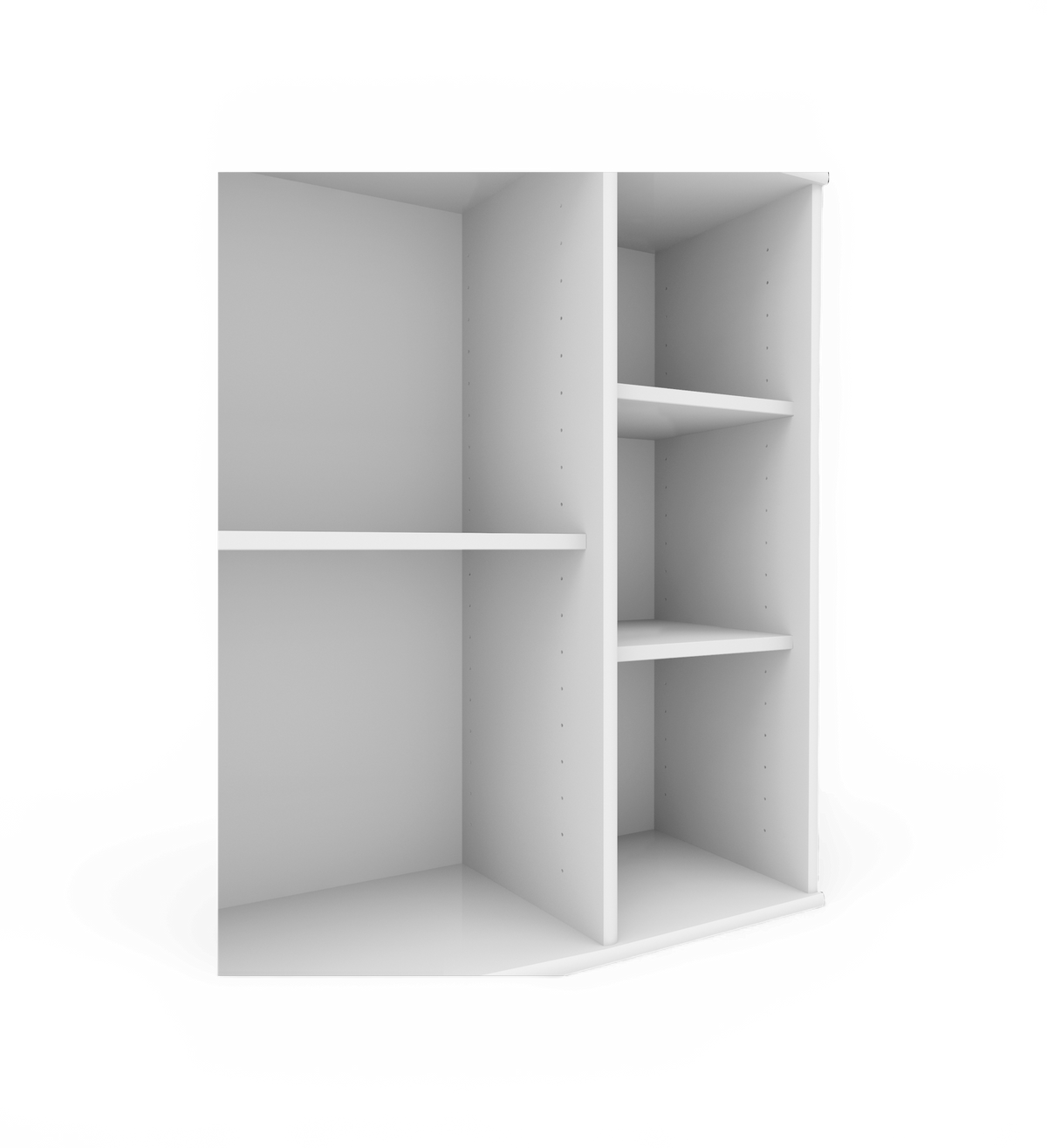 Hvid modulær hjørnegarderobe med justerbare hylder.