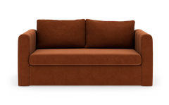 Brun-orange 2-personers stofsofa, frontvisning på hvid baggrund med skygge.