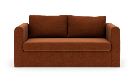 Brun-orange 2-personers stofsofa, frontvisning på hvid baggrund med skygge.