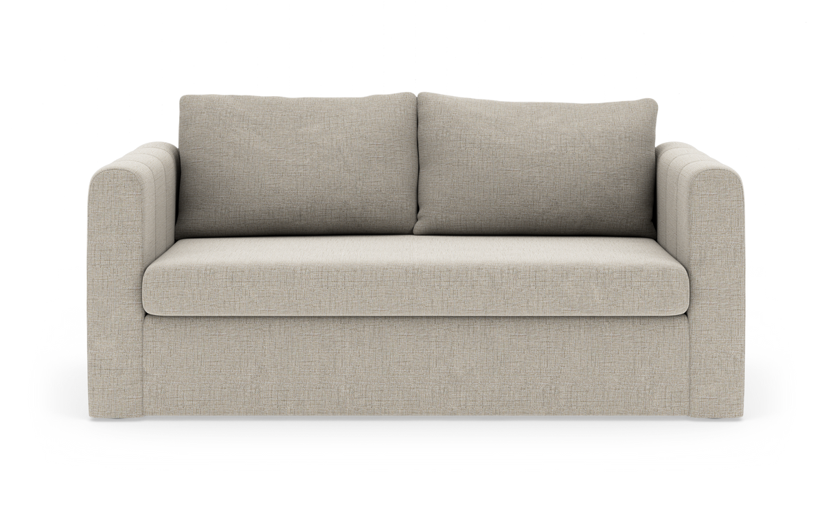 Beige 2-personers sofa med lige armlæn og to ryghynder, fritlagt på hvid baggrund.