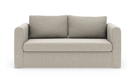 Beige 2-personers sofa med lige armlæn og to ryghynder, fritlagt på hvid baggrund.