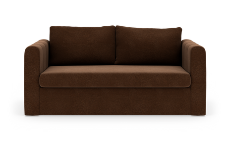 Brun 2-personers sofa med afrundede armlæn og to ryghynder på hvid baggrund.