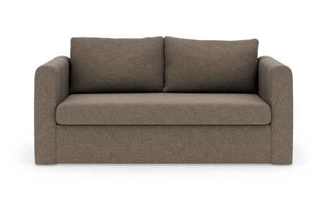 Brun to-personers sofa i boucléstof, frontvisning på hvid baggrund med let skygge.