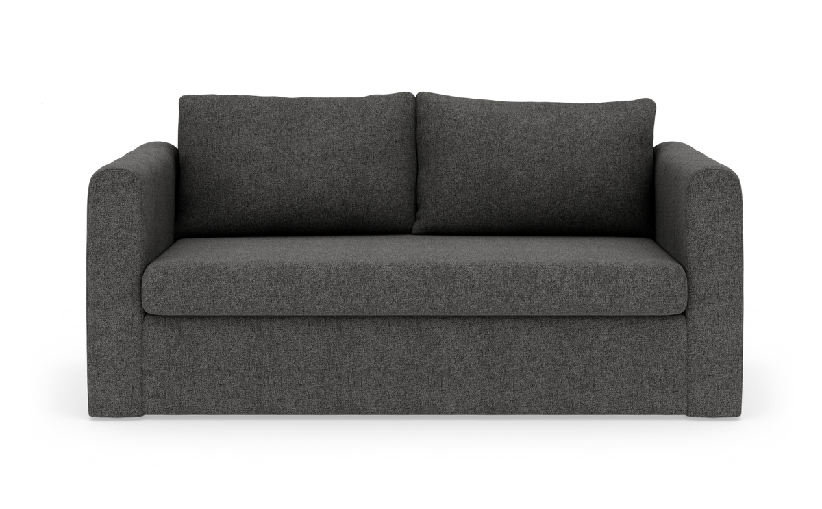Mørkegrå 2-personers sofa set forfra på hvid baggrund.