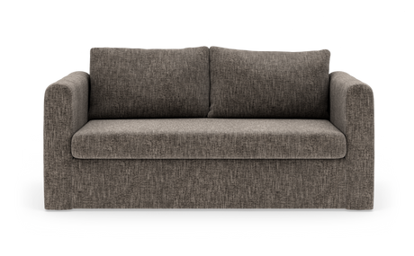 Brungrå 2-personers sofa med bløde armlæn og to ryghynder, frilagt på hvid baggrund.