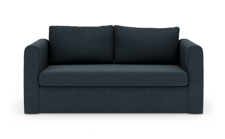 Mørkeblå to-personers sofa med afrundede armlæn, frontvisning på hvid baggrund.