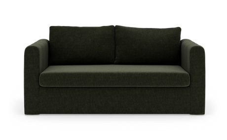 Mørkegrøn 2-personers sofa i frontvisning, frilagt på hvid baggrund.