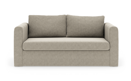 Beigefarvet 2-personers sofa i stof, frontvisning på hvid baggrund.