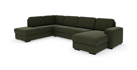 Mørkegrøn U-formet modulsofa med chaiselong i begge ender, frilagt på hvid baggrund.
