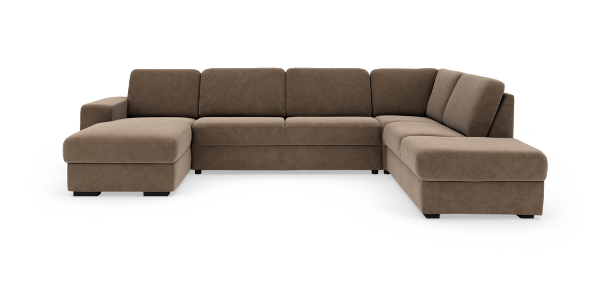 Brun modulopbygget U‑sofa med chaiselong til venstre, polstret i stof, frilagt mod hvid baggrund.