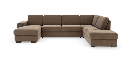 Brun modulopbygget U‑sofa med chaiselong til venstre, polstret i stof, frilagt mod hvid baggrund.