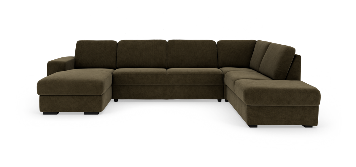 Modulær U‑sofa i mørk olivenbrun betræk med chaiselong til venstre og divan til højre på hvid baggrund.