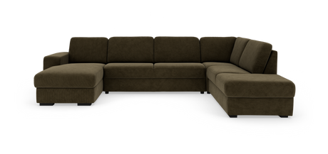Modulær U‑sofa i mørk olivenbrun betræk med chaiselong til venstre og divan til højre på hvid baggrund.