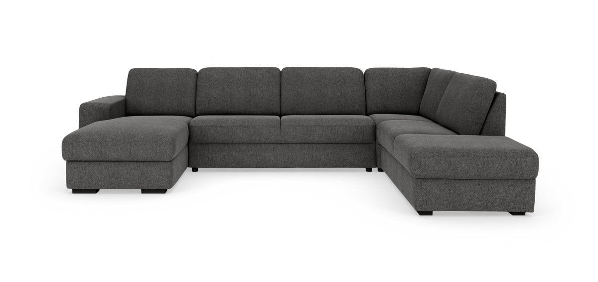 Mørkegrå U‑formet modulsofa med chaiselong, frilagt på hvid baggrund.