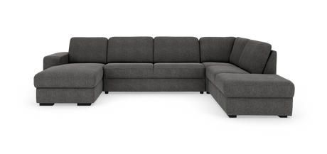 Mørkegrå U‑formet modulsofa med chaiselong, frilagt på hvid baggrund.