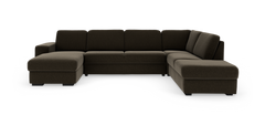 Stor U‑formet modulsofa i mørkebrun tekstil med venstrevendt chaiselong, fotograferet i studiemiljø.