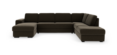 Stor U‑formet modulsofa i mørkebrun tekstil med venstrevendt chaiselong, fotograferet i studiemiljø.