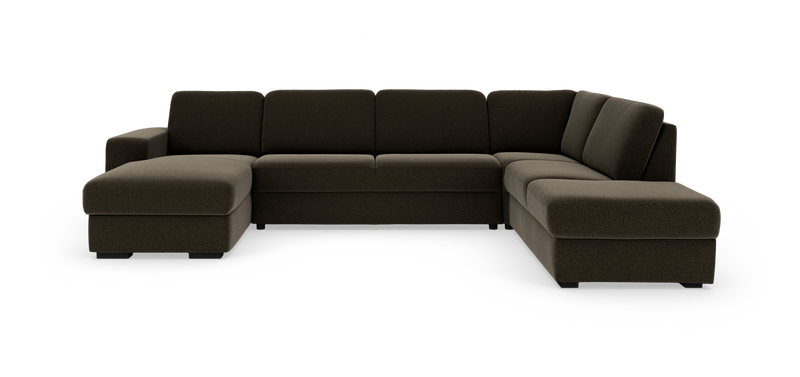 Stor U‑formet modulsofa i mørkebrun tekstil med venstrevendt chaiselong, fotograferet i studiemiljø._ps