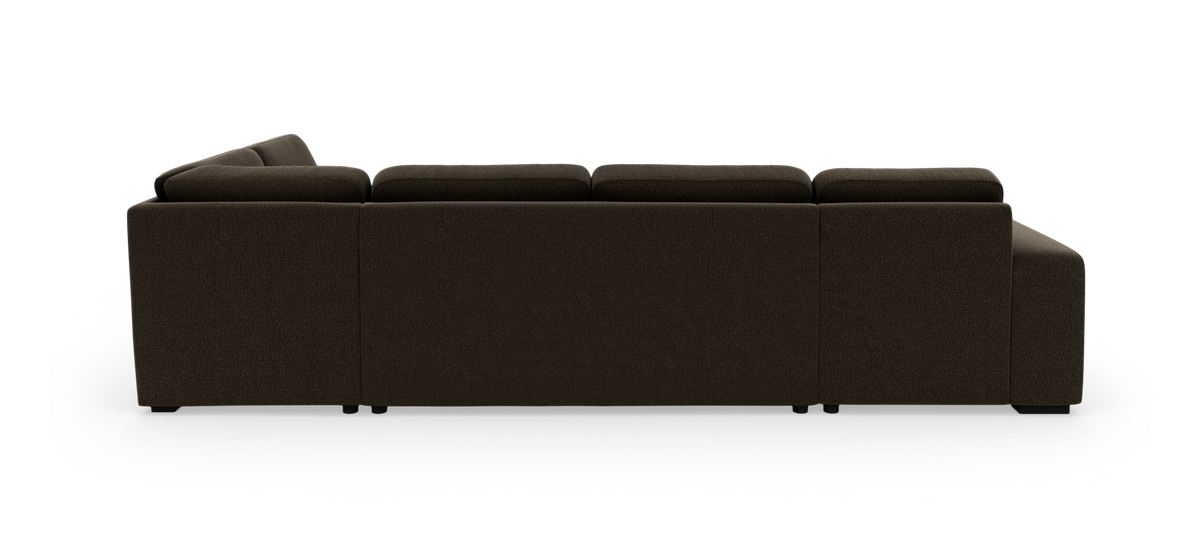 Mørkebrun modulsofa set fra bagsiden i studie på hvid baggrund.