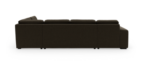 Mørkebrun modulsofa set fra bagsiden i studie på hvid baggrund.