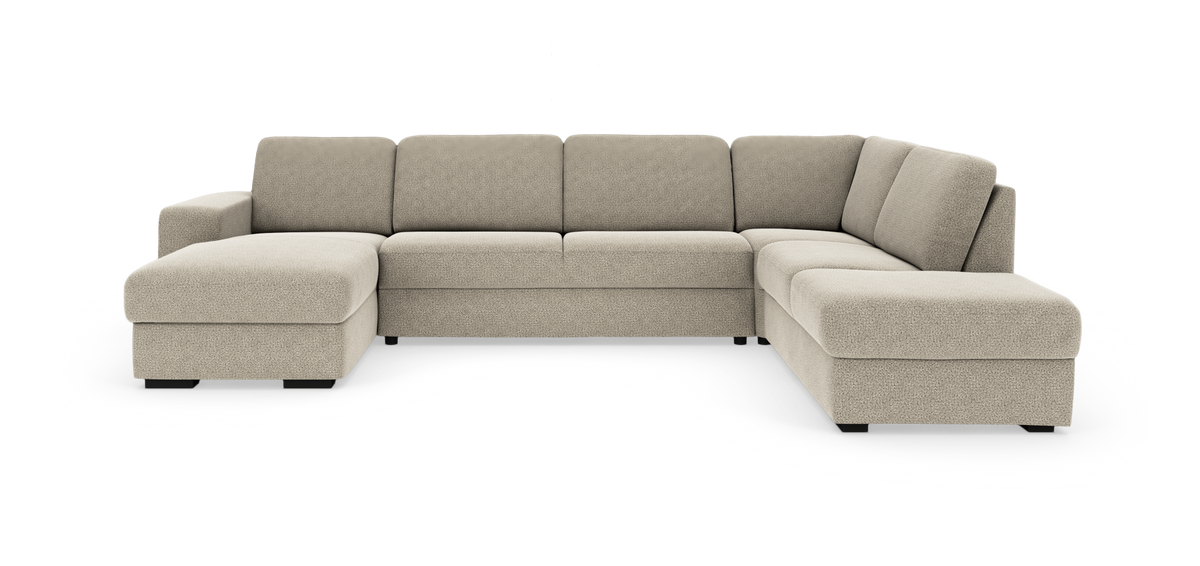 Beige U-formet modulsofa med chaiselong, frilagt på hvid baggrund.