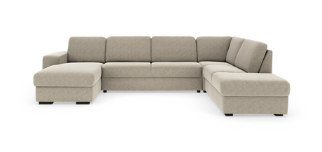 Beige U-formet modulsofa med chaiselong, frilagt på hvid baggrund.