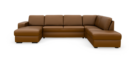 Brun læderhjørnesofa med chaiselong til venstre og afslutning til højre på hvid studiobaggrund.