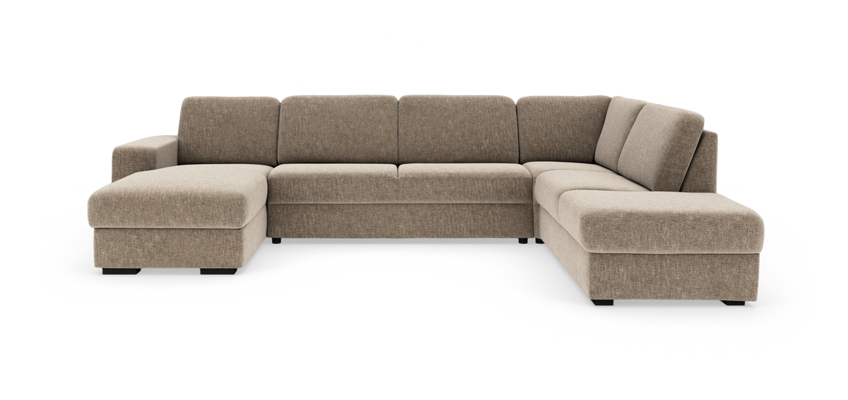 Beige modulsofa i L-form med chaiselong, frilagt på hvid baggrund.