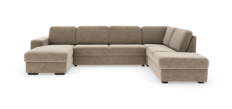 Beige modulsofa i L-form med chaiselong, frilagt på hvid baggrund.