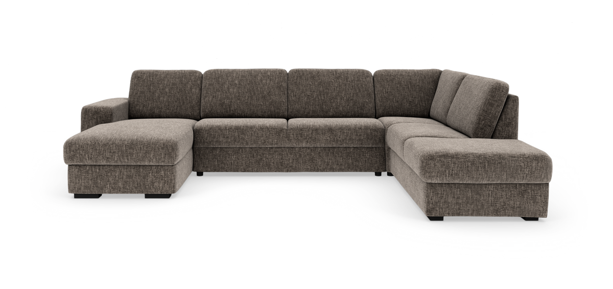 Brungrå U-sofa i stof med chaiselong til venstre og åbent afslut til højre, fritstående mod hvid baggrund.